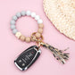 Silicone Color Block PU Leather Wood Geo Bead Stretchy Gold Hardware Key Ring Bracelet | 4"