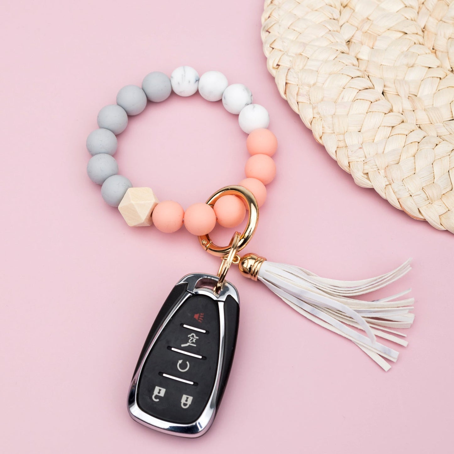 Silicone Color Block PU Leather Wood Geo Bead Stretchy Gold Hardware Key Ring Bracelet | 4"