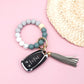 Silicone Color Block PU Leather Wood Geo Bead Stretchy Gold Hardware Key Ring Bracelet | 4"