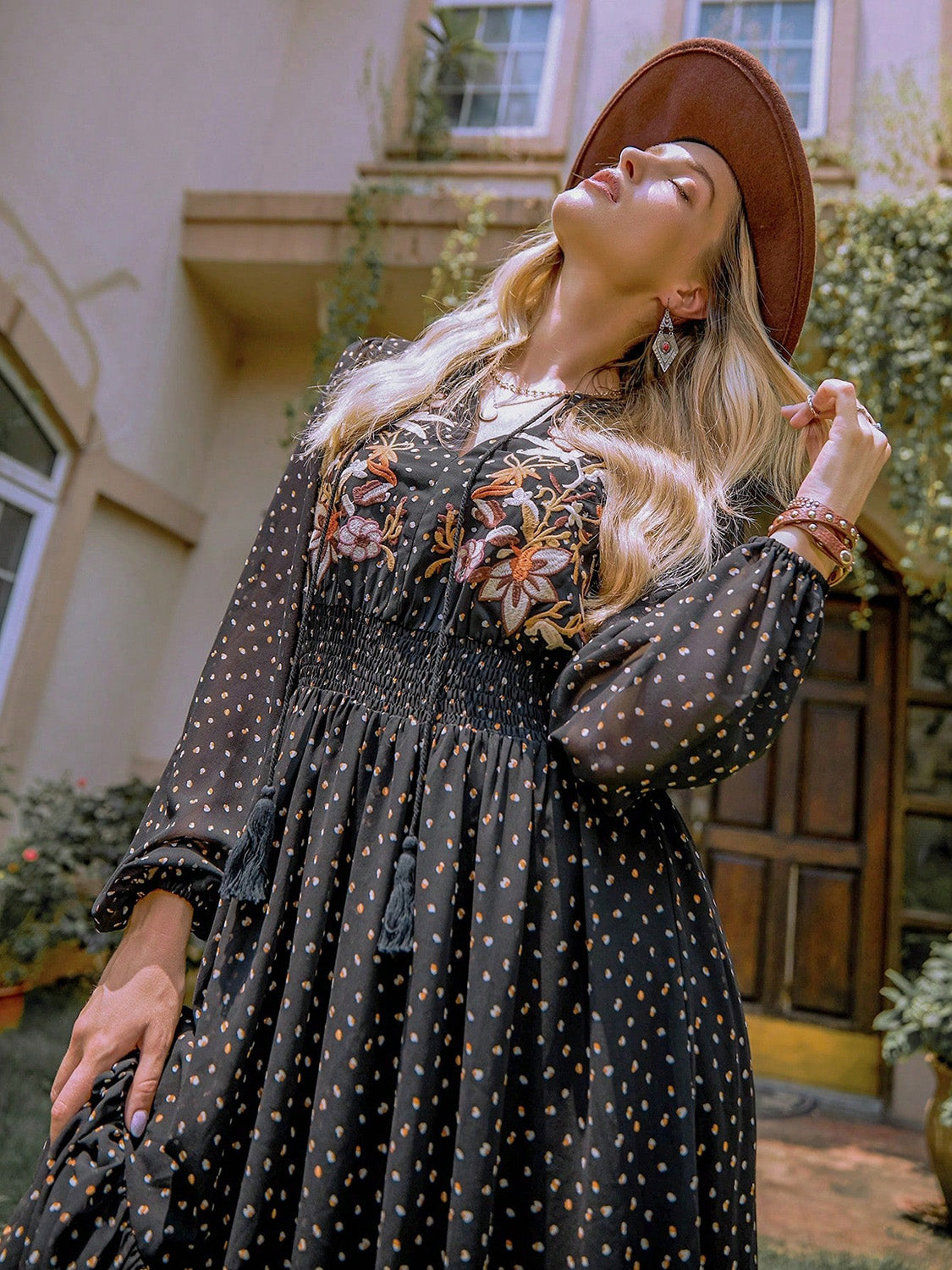 Blueberi B Women’s Embroidered Polka Dot Tie Neck Long Sleeve Midi Dress Polyester Size S-2XL