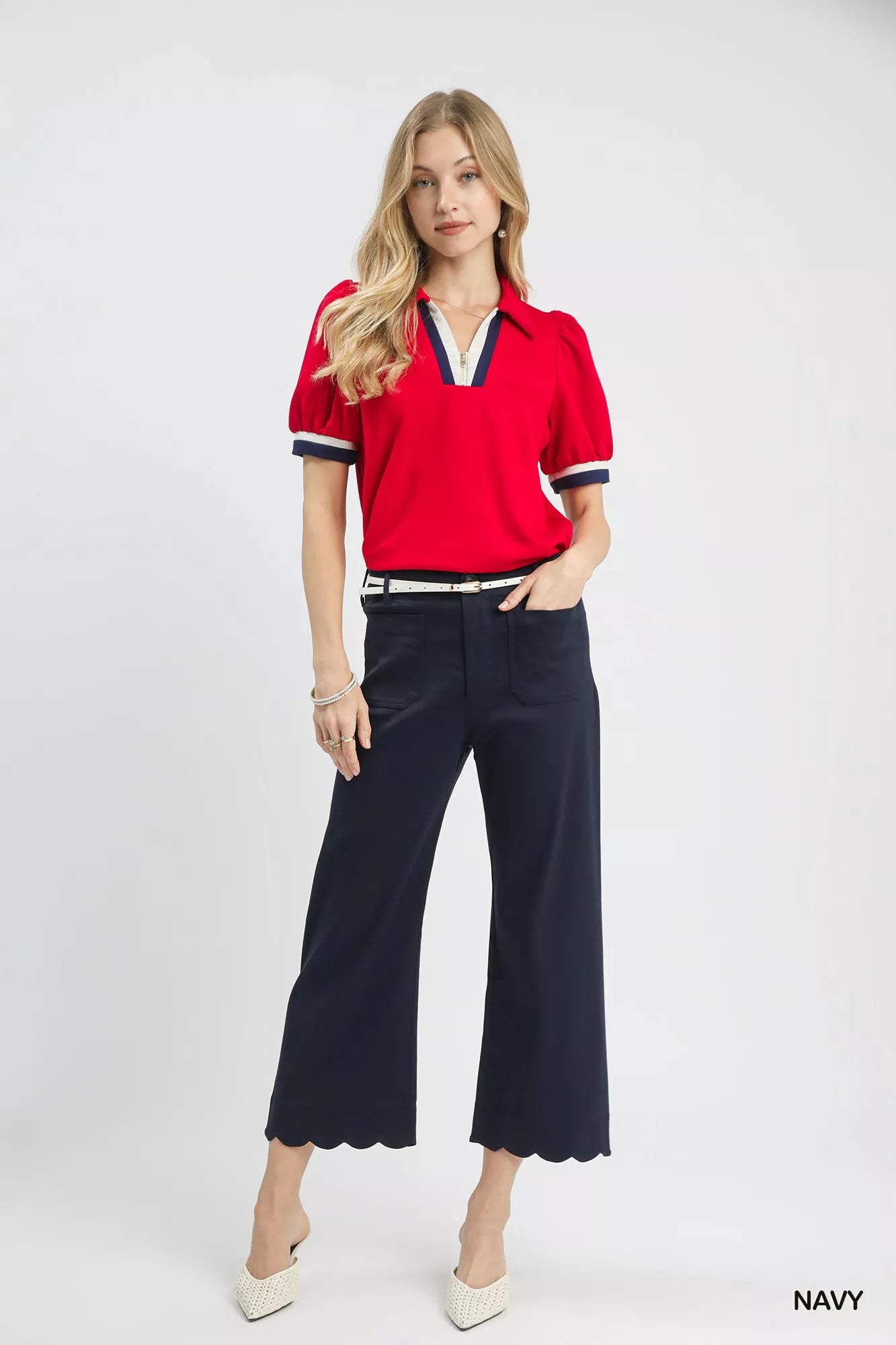 Umgee Scallop Hem Wide Leg Pants in navy with scalloped hem