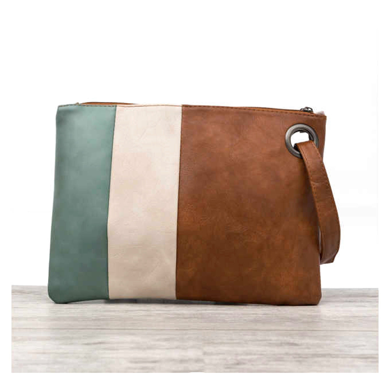 Soft Vegan PU Leather 100% Polyester Lined Color Block Grommet Wristlet Clutch | 12" x 8"
