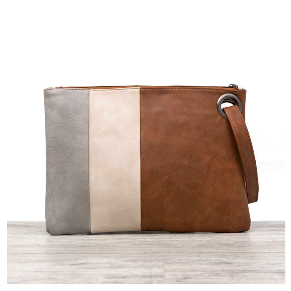 Soft Vegan PU Leather 100% Polyester Lined Color Block Grommet Wristlet Clutch | 12" x 8"