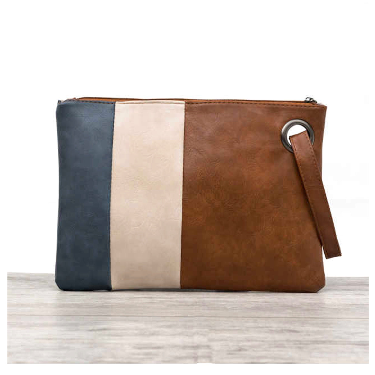 Soft Vegan PU Leather 100% Polyester Lined Color Block Grommet Wristlet Clutch | 12" x 8"