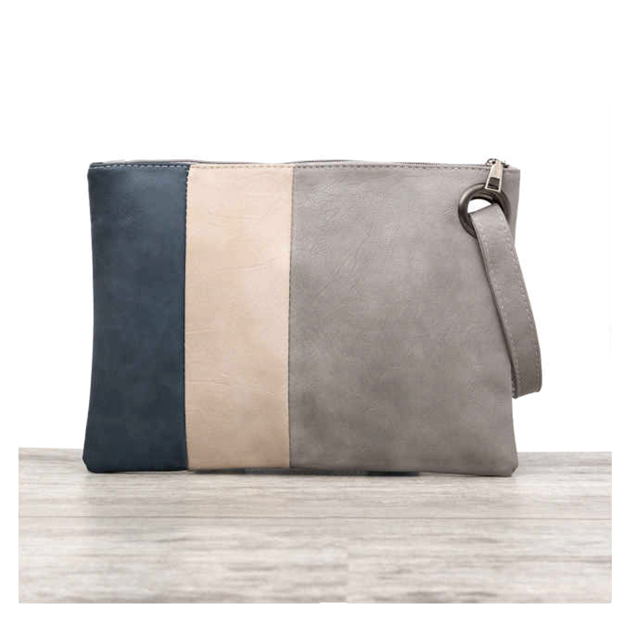 Soft Vegan PU Leather 100% Polyester Lined Color Block Grommet Wristlet Clutch | 12" x 8"
