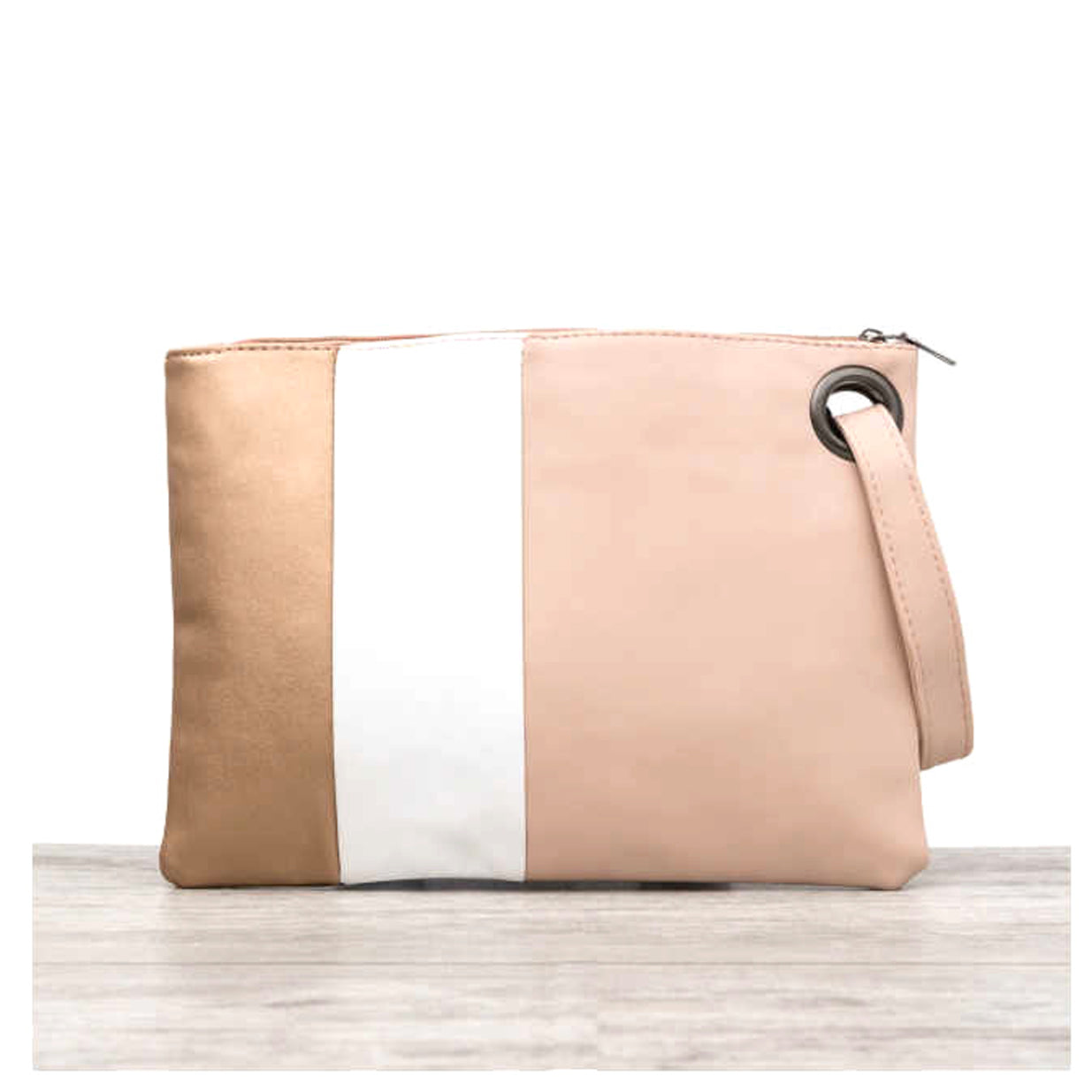 Soft Vegan PU Leather 100% Polyester Lined Color Block Grommet Wristlet Clutch | 12" x 8"
