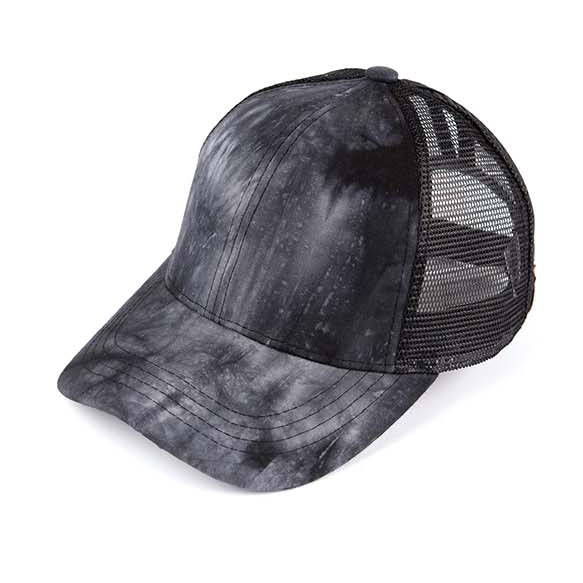 C.C® Cotton Twill Front Mesh Nylon Back Tie Dye Ponytail Messy Bun Ball Cap | One Size Teen–Adult