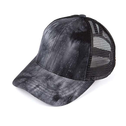 C.C® Cotton Twill Front Mesh Nylon Back Tie Dye Ponytail Messy Bun Ball Cap | One Size Teen–Adult