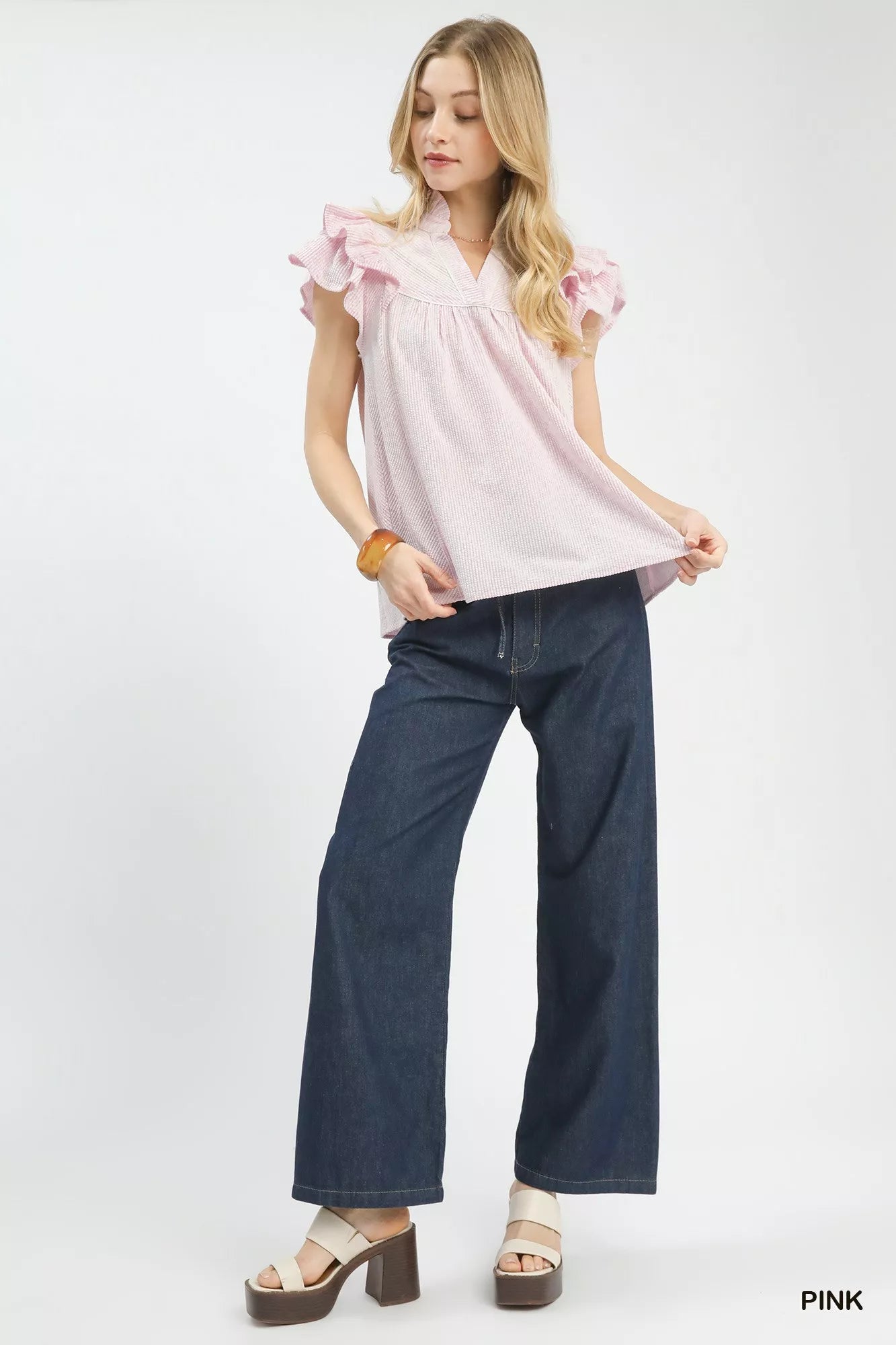 Blueberi Boutique Umgee pink ruffled sleeve textured blouse styled with denim