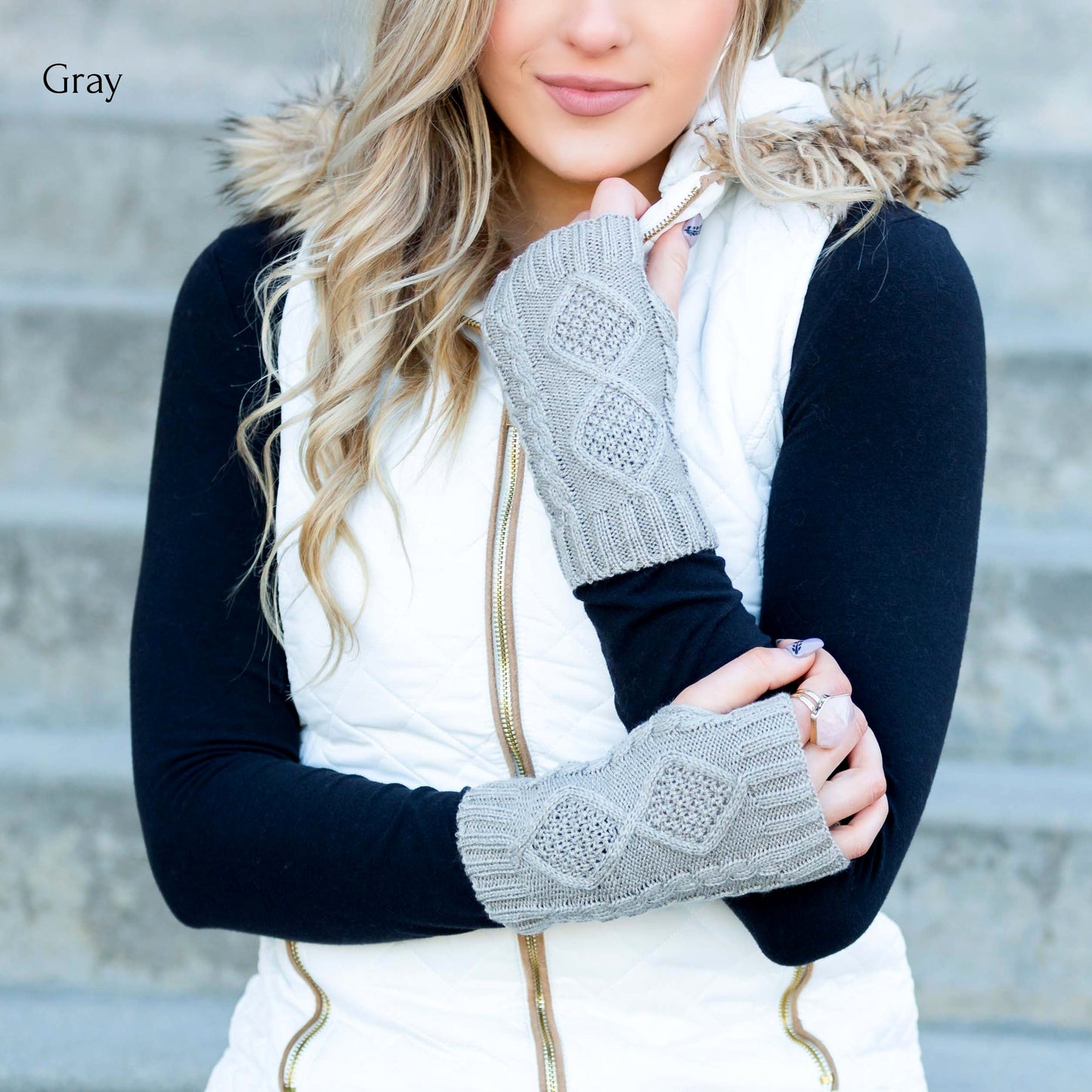 100% Soft Acrylic Diamond Cable Knit Fingerless Thumb Opening Hand Warmers | 7.5" | One Size