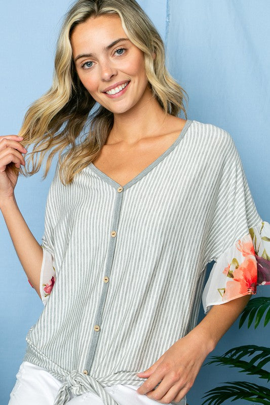 Plus Size  Short Sleeve Stripe Floral Mixed Ruffle Top