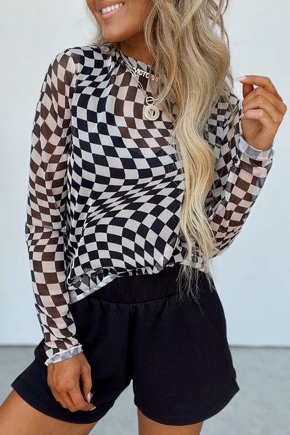 Blueberi B Women’s Checkered Mock Neck Long Sleeve Blouse Polyester Elastane Size S-XL
