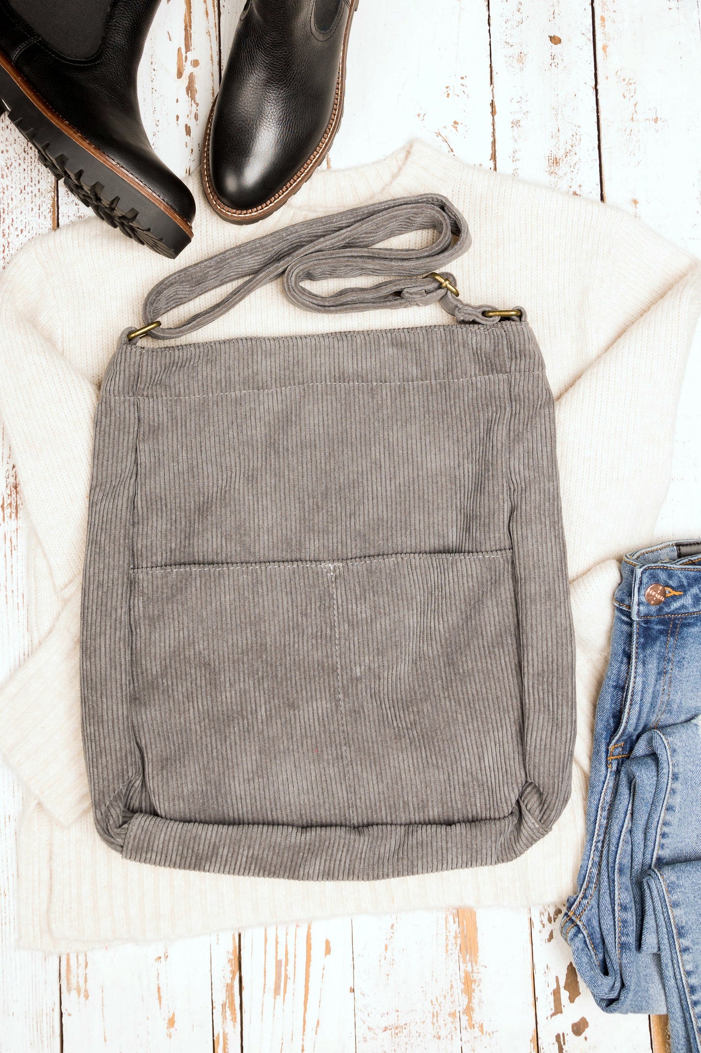 100% Cotton Corduroy Magnetic Clasp Adjustable Strap Messenger Bag with Bronze Hardware | 16" x 15"
