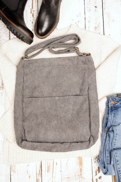 100% Cotton Corduroy Magnetic Clasp Adjustable Strap Messenger Bag with Bronze Hardware | 16" x 15"