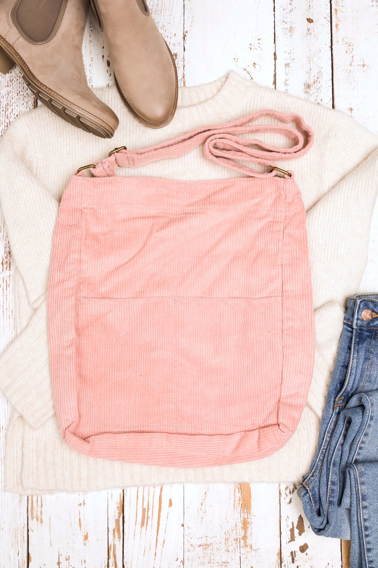 100% Cotton Corduroy Magnetic Clasp Adjustable Strap Messenger Bag with Bronze Hardware | 16" x 15"
