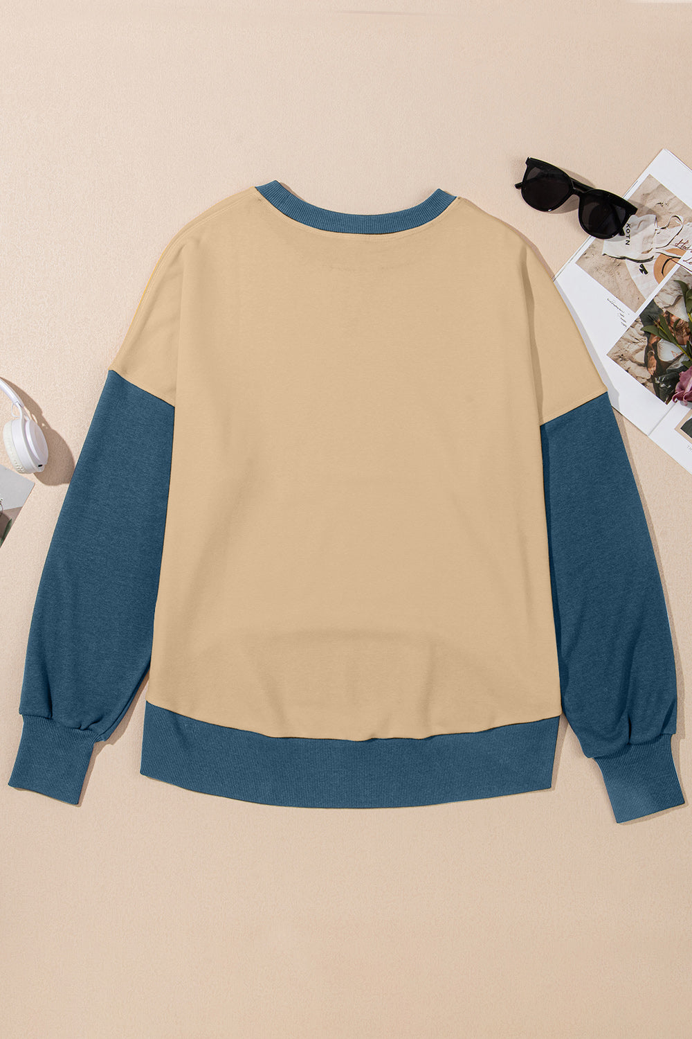 Blueberi B Women's Contrast Round Neck Long Sleeve Sweatshirt Polyester Cotton Size S-2XL