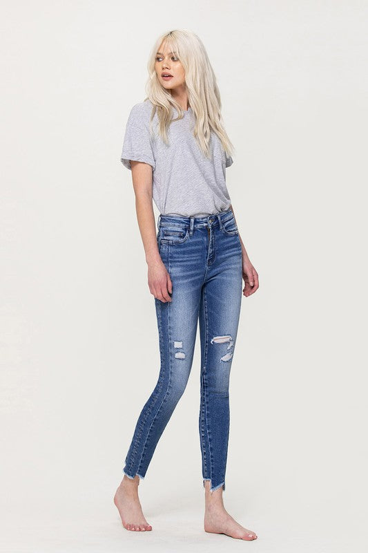 Vervet by Flying Monkey High Rise Ankle Skinny with Uneven Hem Detail Jeans