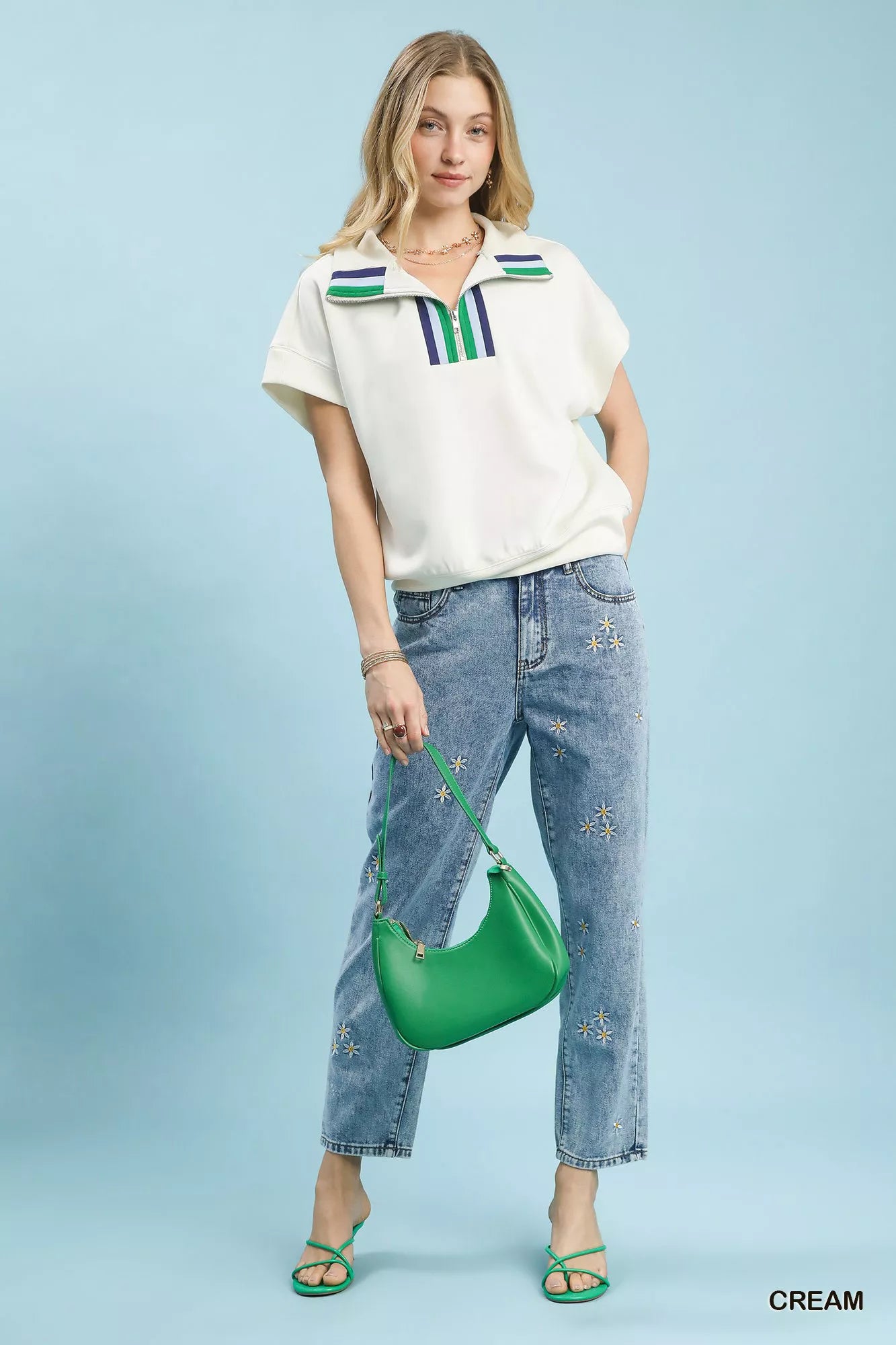 Blueberi Boutique cream Umgee striped collared top styled with floral jeans and green bag
