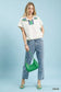 Blueberi Boutique cream Umgee striped collared top styled with floral jeans and green bag