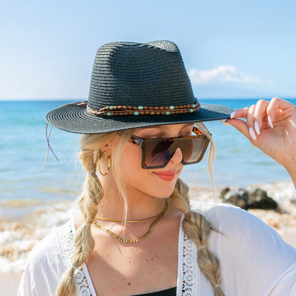 100% Straw Beaded or Embroidered Belt Accent Suede Tie Boho Wide Brim Panama Hat | One Size