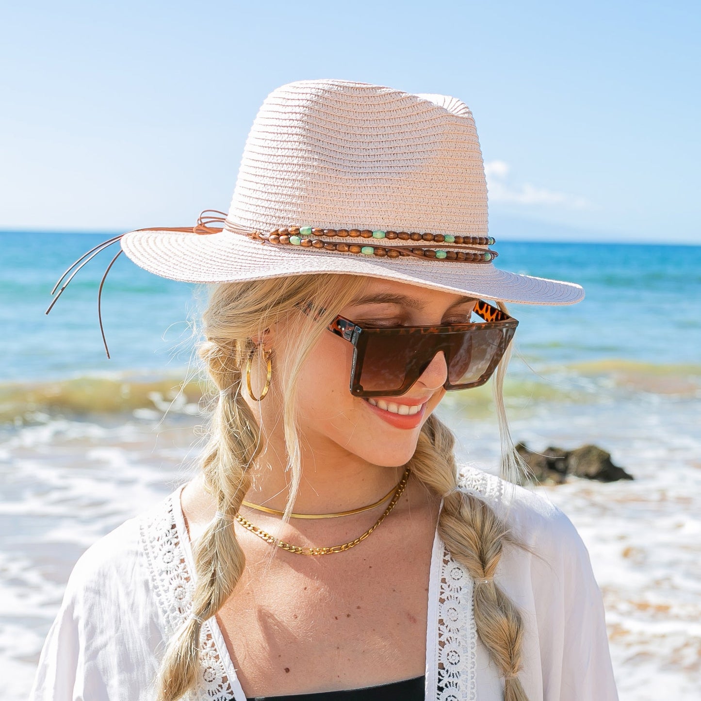 100% Straw Beaded or Embroidered Belt Accent Suede Tie Boho Wide Brim Panama Hat | One Size