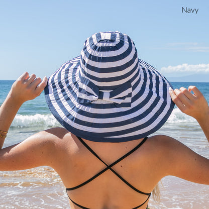 80% Cotton 20% Acrylic Classic Stripe Bow Accent Extra Wide Brim Sun Hat | One Size