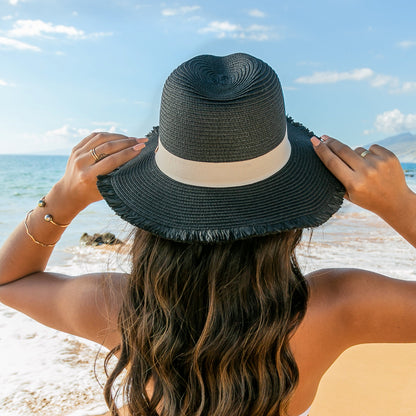 100% Straw Fray Edge Ribbon Accent Wide Brim Panama Sun Hat | One Size