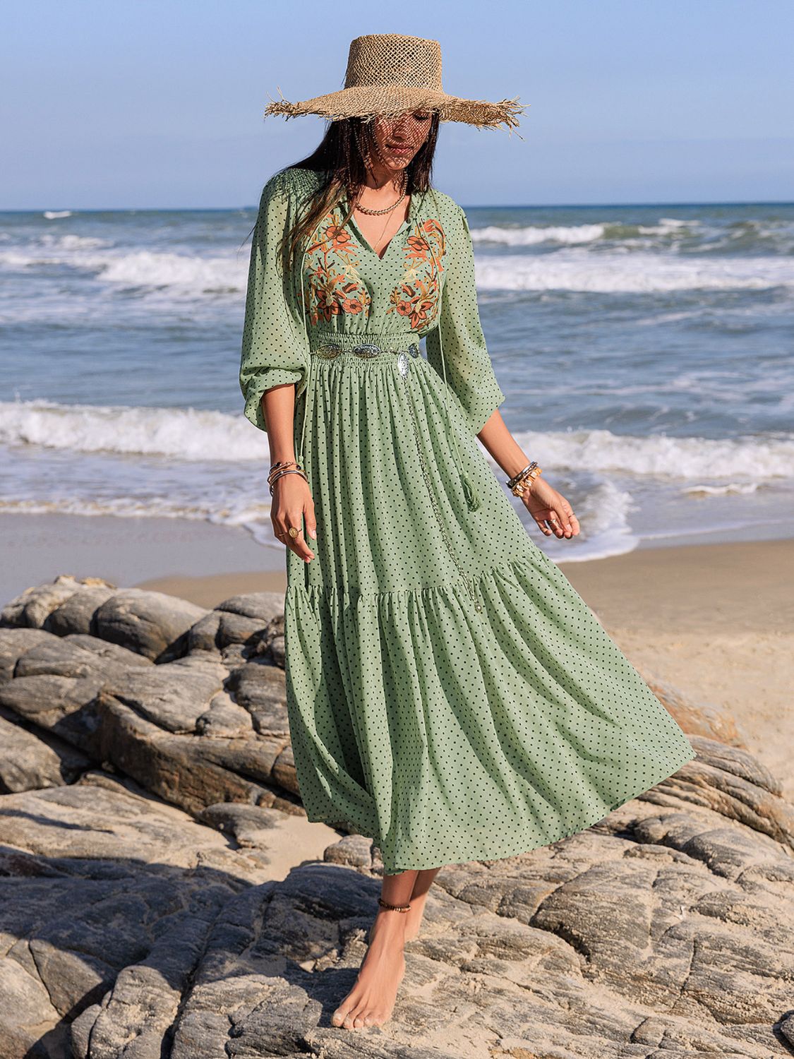 Blueberi B Women’s Embroidered Polka Dot Tie Neck Long Sleeve Midi Dress Polyester Size S-2XL