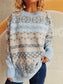 Blueberi B Women’s Geometric Round Neck Dropped Shoulder Sweater Polyester Acrylic One Size