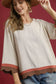 Umgee beige color block scalloped hem top with brown/red trim at Blueberi Boutique