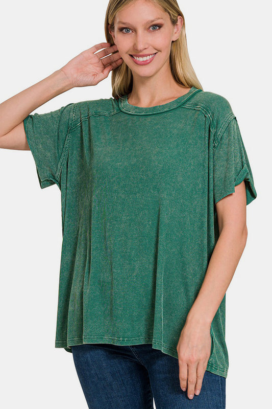 Zenana Women’s Washed Ribbed Short Sleeve Top Polyester Rayon Spandex Size S/M L/XL