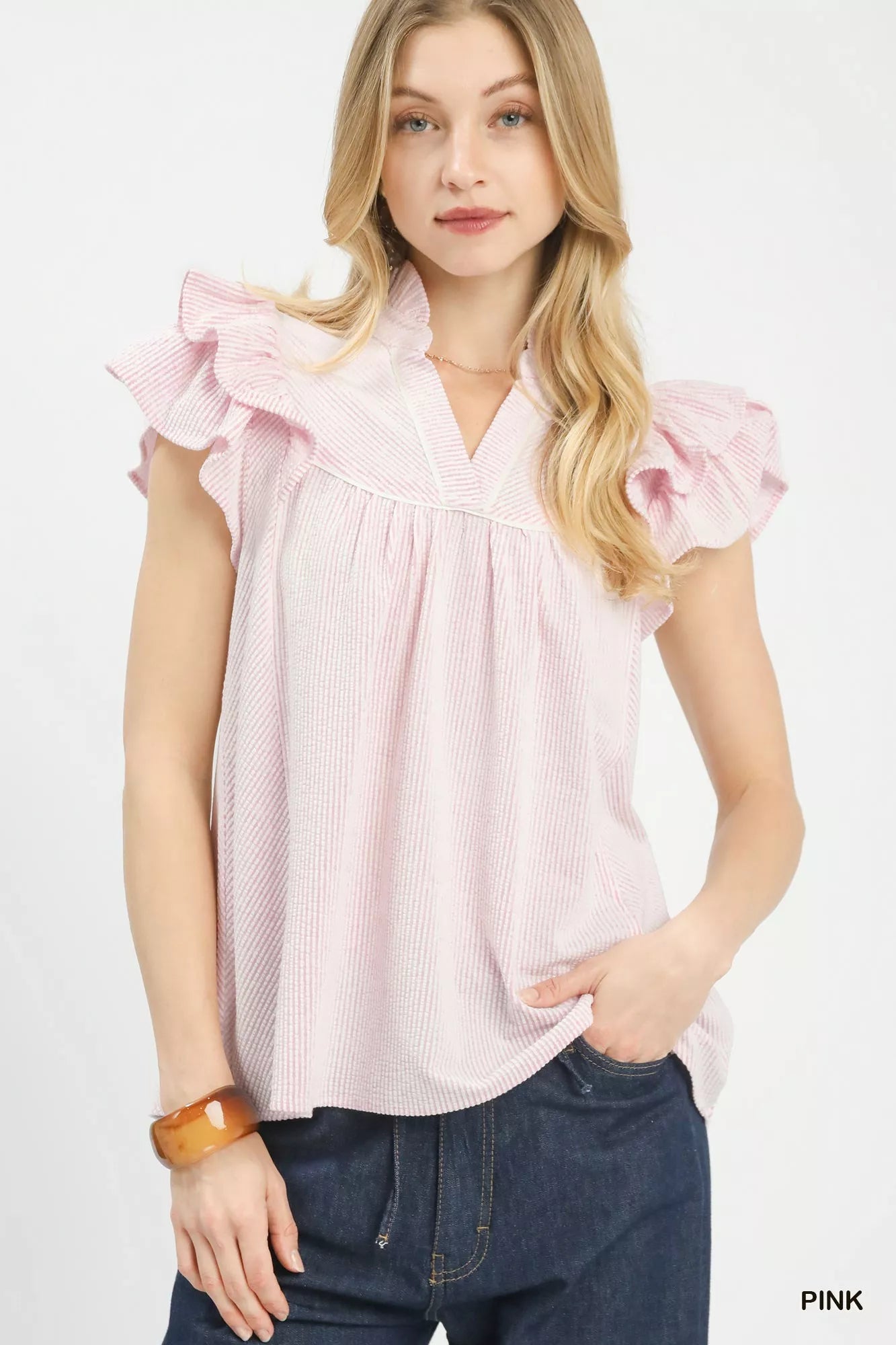 Blueberi Boutique Umgee pink ruffled sleeve textured blouse