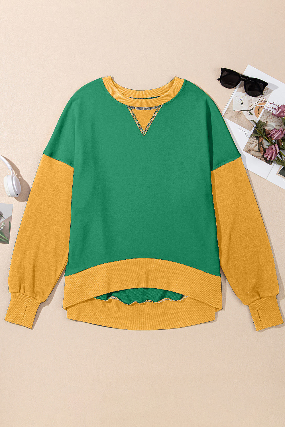 Blueberi B Women's Contrast Round Neck Long Sleeve Sweatshirt Polyester Cotton Size S-2XL