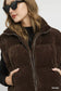 Umgee brown sherpa-lined zip vest with drawstring hem, polyester, sizes S-L (front view)