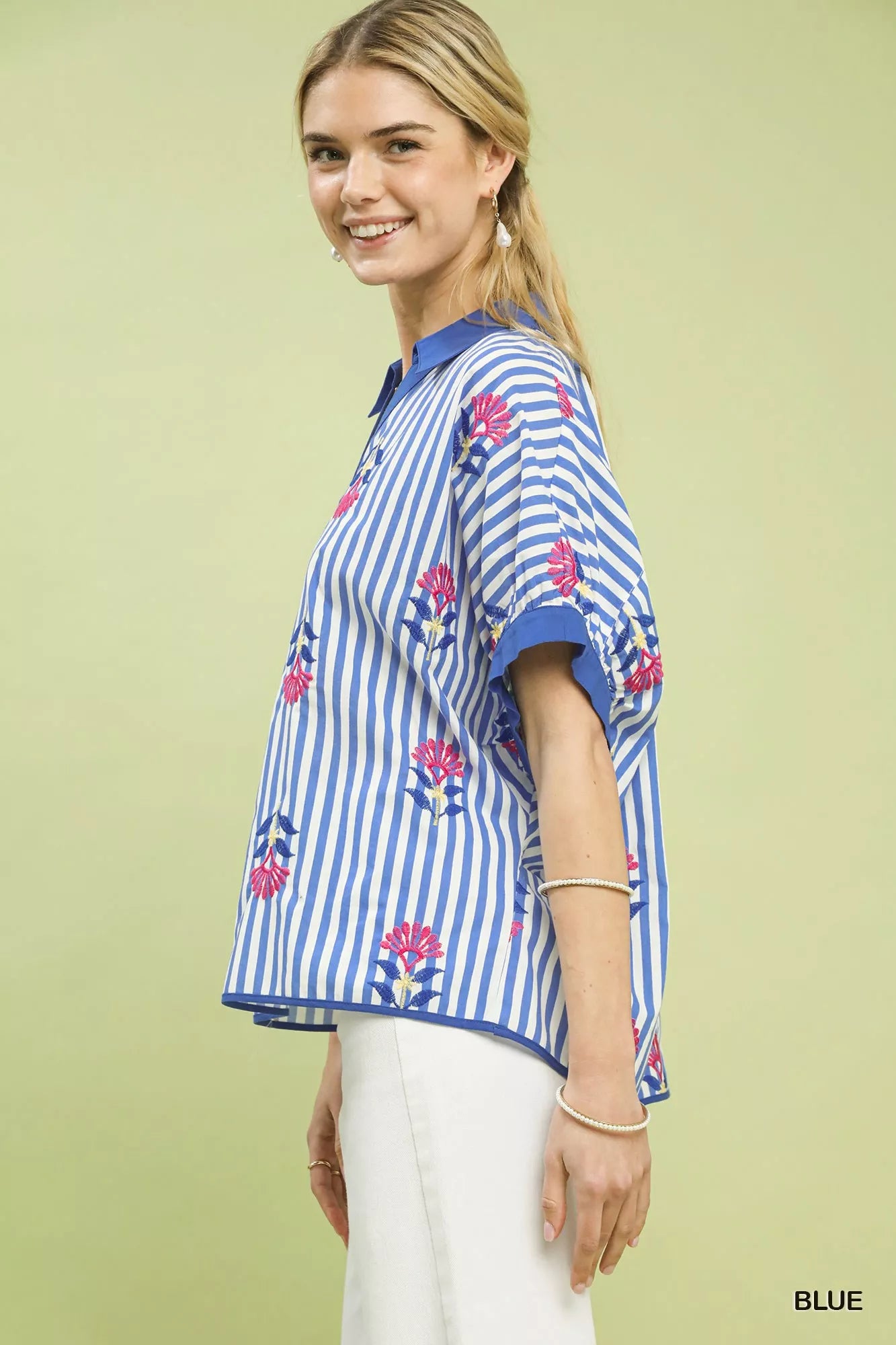 Umgee blue/white striped embroidered button-front boho blouse side view