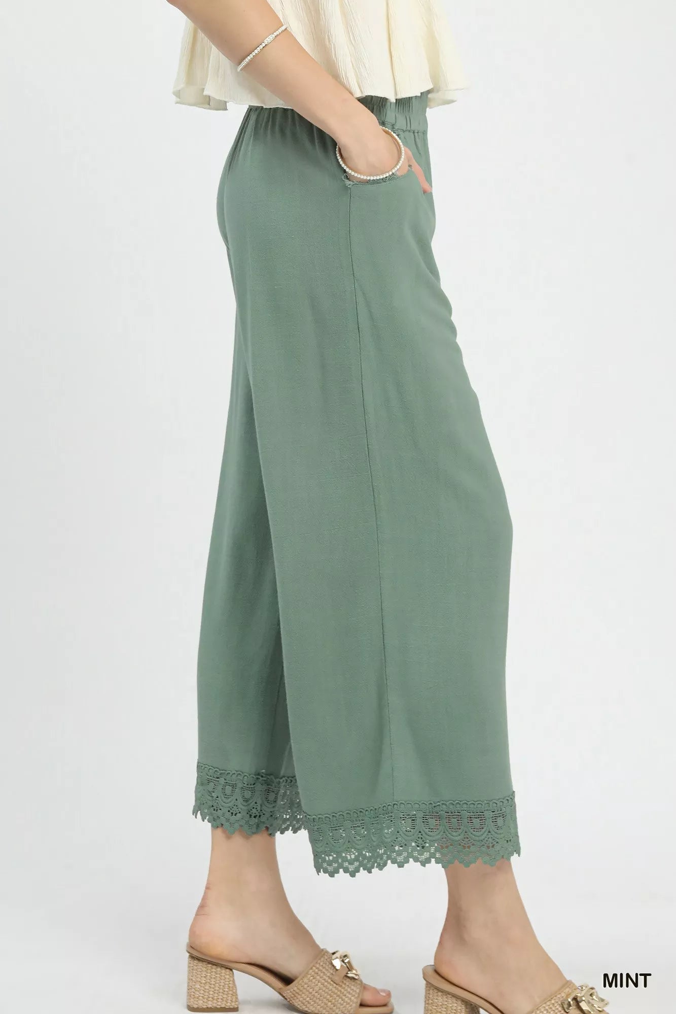 Blueberi Boutique: Mint linen wide-leg cropped pants with lace trim, side view