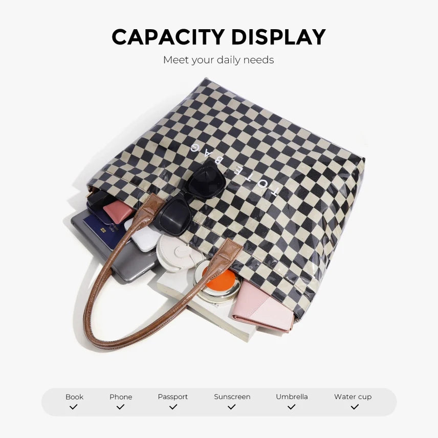 Brooklyn Checkered Tote | Canvas, Vegan Leather & PVC | 12.5 x 5 x 13.5 in; 17 in Top