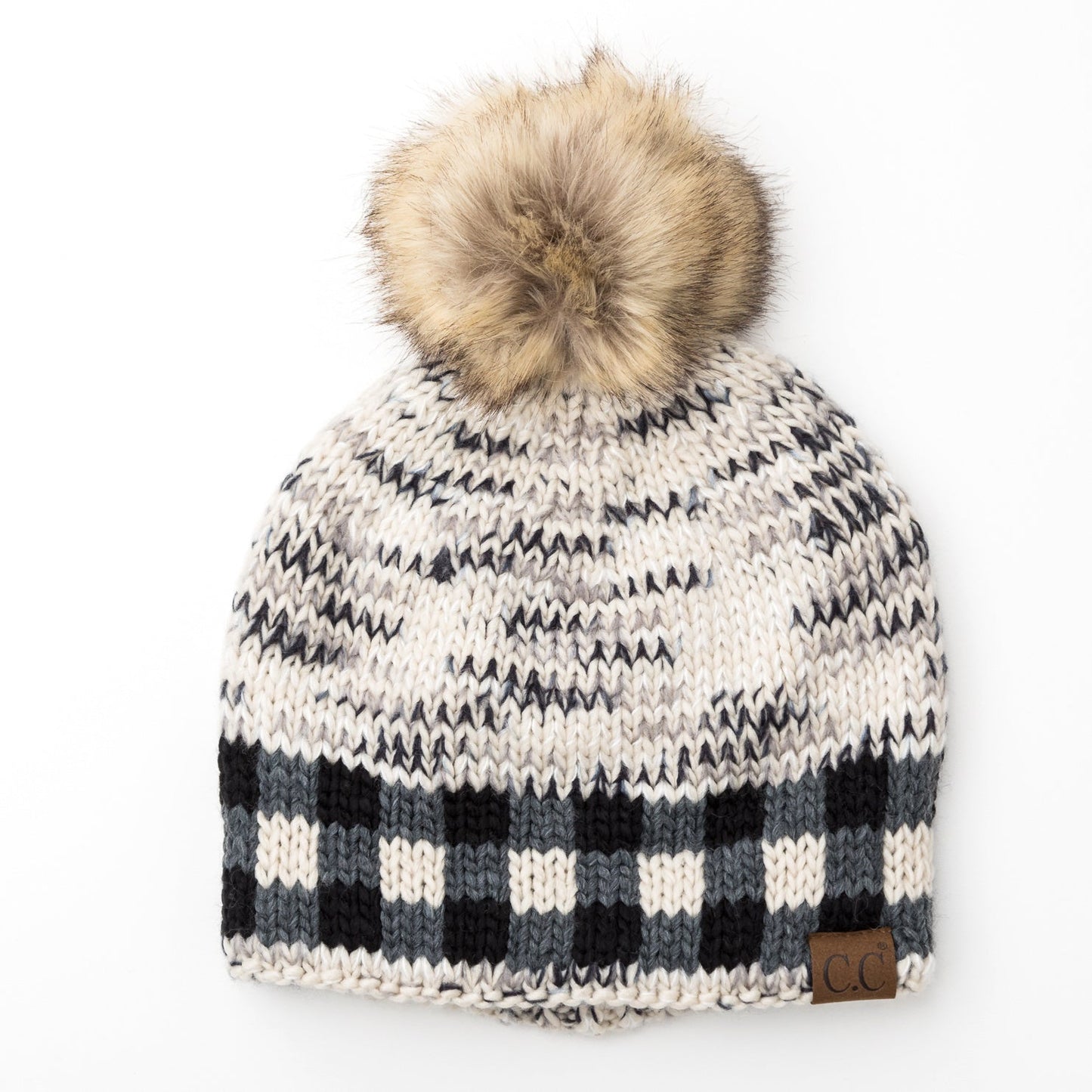 C.C® 100% Soft-Spun Acrylic Buffalo Print Slouchy Knit Faux Fur Pom Beanie | One Size