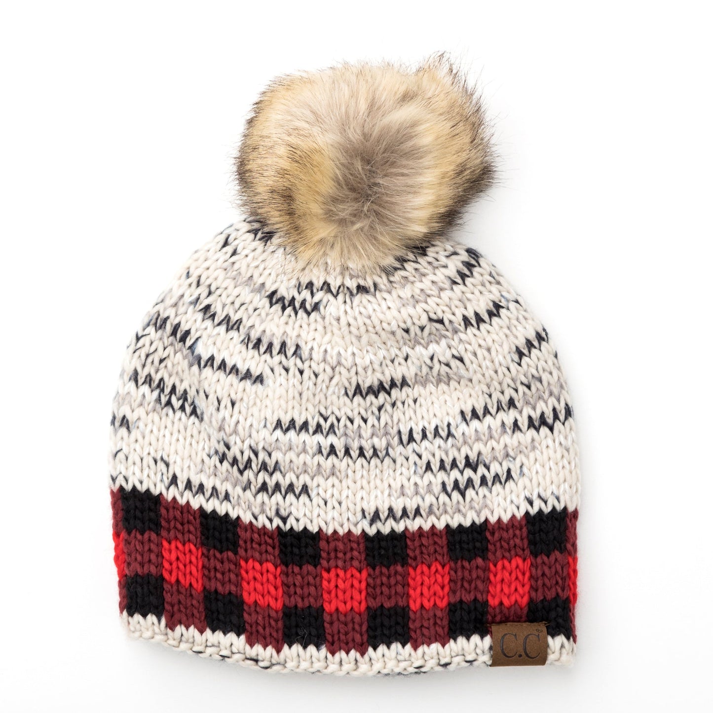 C.C® 100% Soft-Spun Acrylic Buffalo Print Slouchy Knit Faux Fur Pom Beanie | One Size