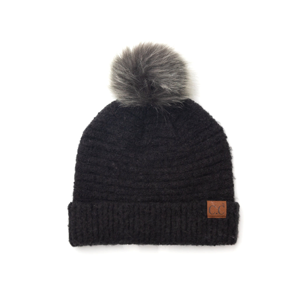 C.C® 100% Polyester Boucle Ultra Soft Faux Fur Pom Beanie | One Size