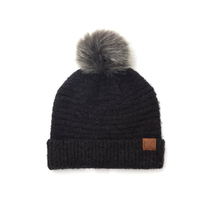 C.C® 100% Polyester Boucle Ultra Soft Faux Fur Pom Beanie | One Size