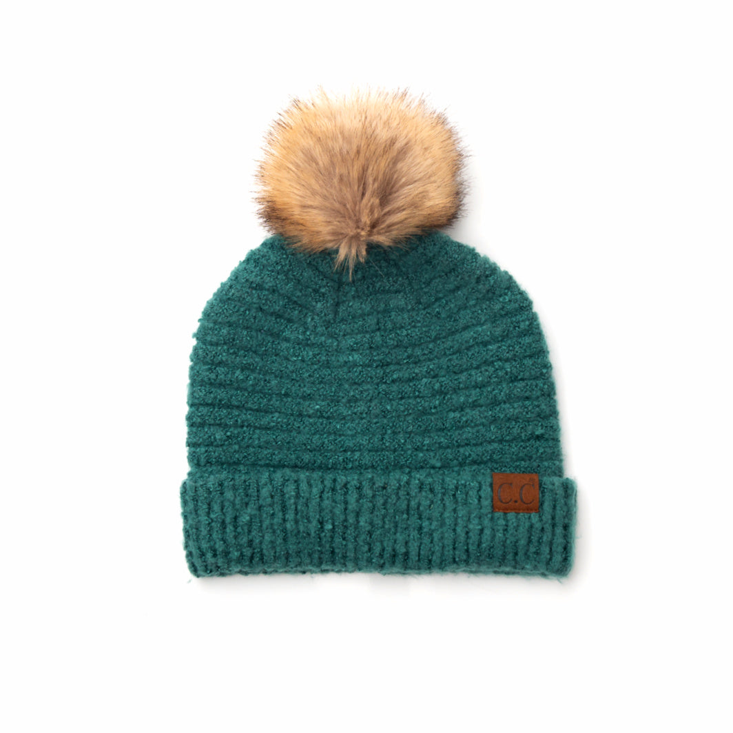 C.C® 100% Polyester Boucle Ultra Soft Faux Fur Pom Beanie | One Size
