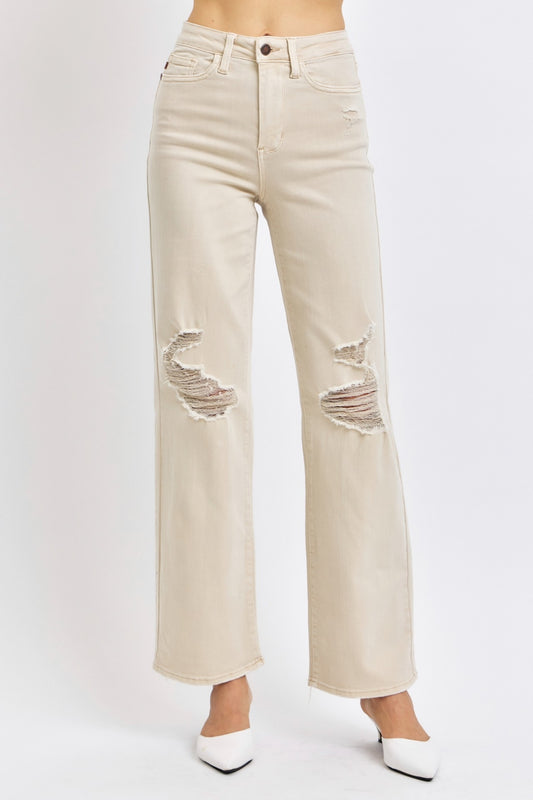 Judy Blue Women’s Full Size High Waist Distressed Wide Leg Jeans Cotton Polyester Spandex Size 0-24W