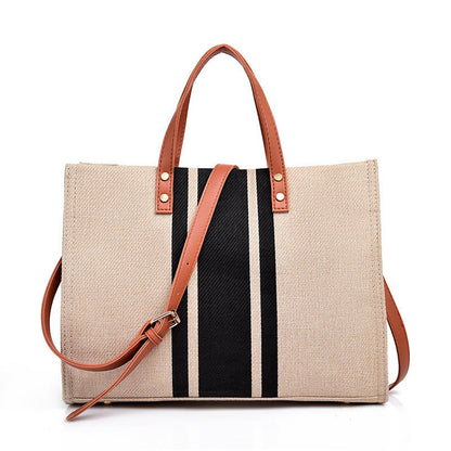 Canvas PU Leather Cotton Lined Stripe Gold Grommet Convertible Tote Bag