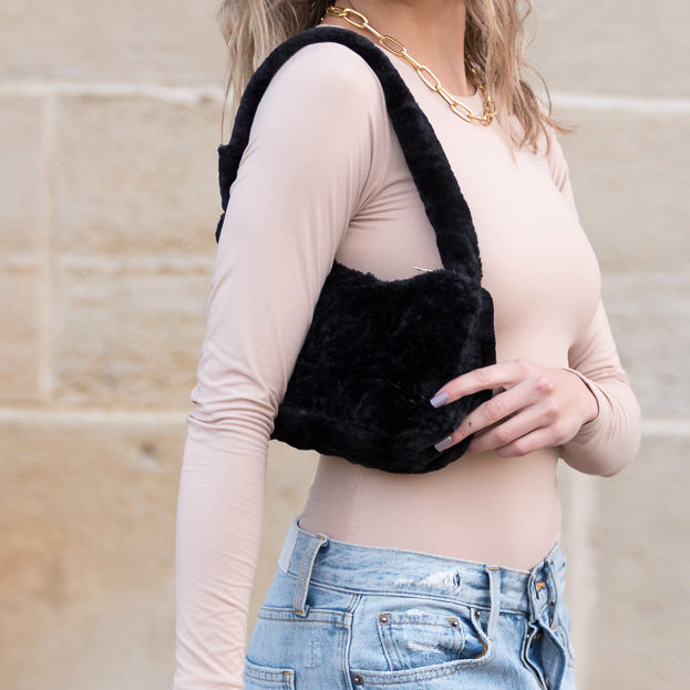 Izzie Soft Plush Faux Fur Polyester Lined Zip Top Shoulder Bag with Gold Hardware