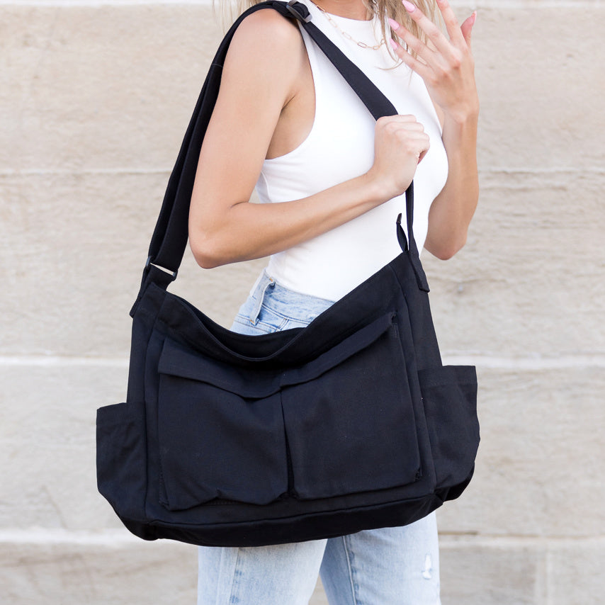 Nova 100% Cotton Canvas Oversized Zip Top Multi-Pocket Messenger Bag