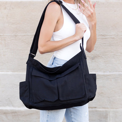 Nova 100% Cotton Canvas Oversized Zip Top Multi-Pocket Messenger Bag