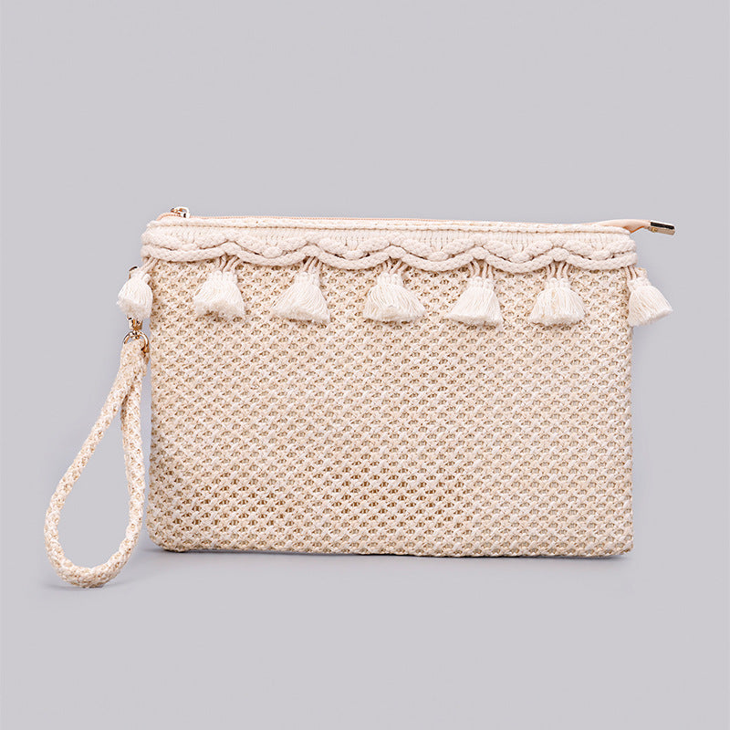 Naya Woven Straw Easy Wipe Polyester Lined Macrame Tassel Zip Top Wristlet Clutch