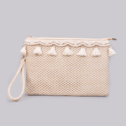 Naya Woven Straw Easy Wipe Polyester Lined Macrame Tassel Zip Top Wristlet Clutch