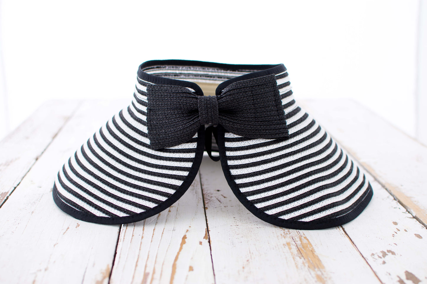 100% Breathable Straw Foldable Bow Stripe Adjustable Velcro Sun Visor | One Size